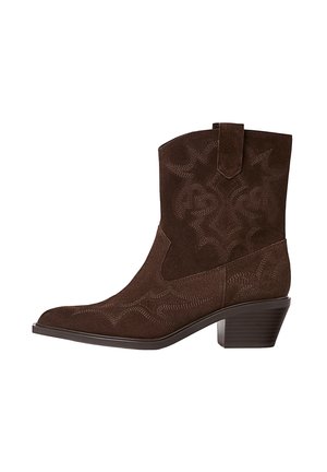 Brown suede mid-calf western boot with decorative stitching, pointed toe, pull tab, and stacked block heel.