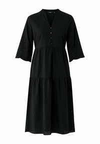 Svart bomullsklänning med knappslå, tärningsdesign, klockärmar med ögla utklippningar och en texturerad nederkant.