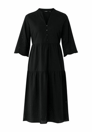 Sort bomulds kjole med knaplukning, lagdelt design, klokkeærmer med øjenlidsudskæringer og tekstureret kant.