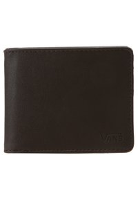 Portafoglio in pelle marrone con una texture liscia, design minimalista e bordi cuciti. Presenta il logo Vans impresso nell'angolo in basso a destra.