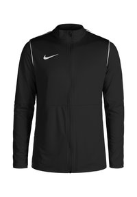 Chaqueta negra de Nike con cuello alto, cremallera frontal, acentos en blanco contrastantes en los hombros y un pequeño logo en el lado izquierdo del pecho. Textura de tela suave.