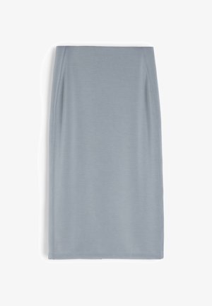 Jasnoniebieska spódnica ołówkowa, do kolan, wykonana z gładkiego materiału o dopasowanym kroju. Charakteryzuje się czystymi liniami i prostym wykończeniem.