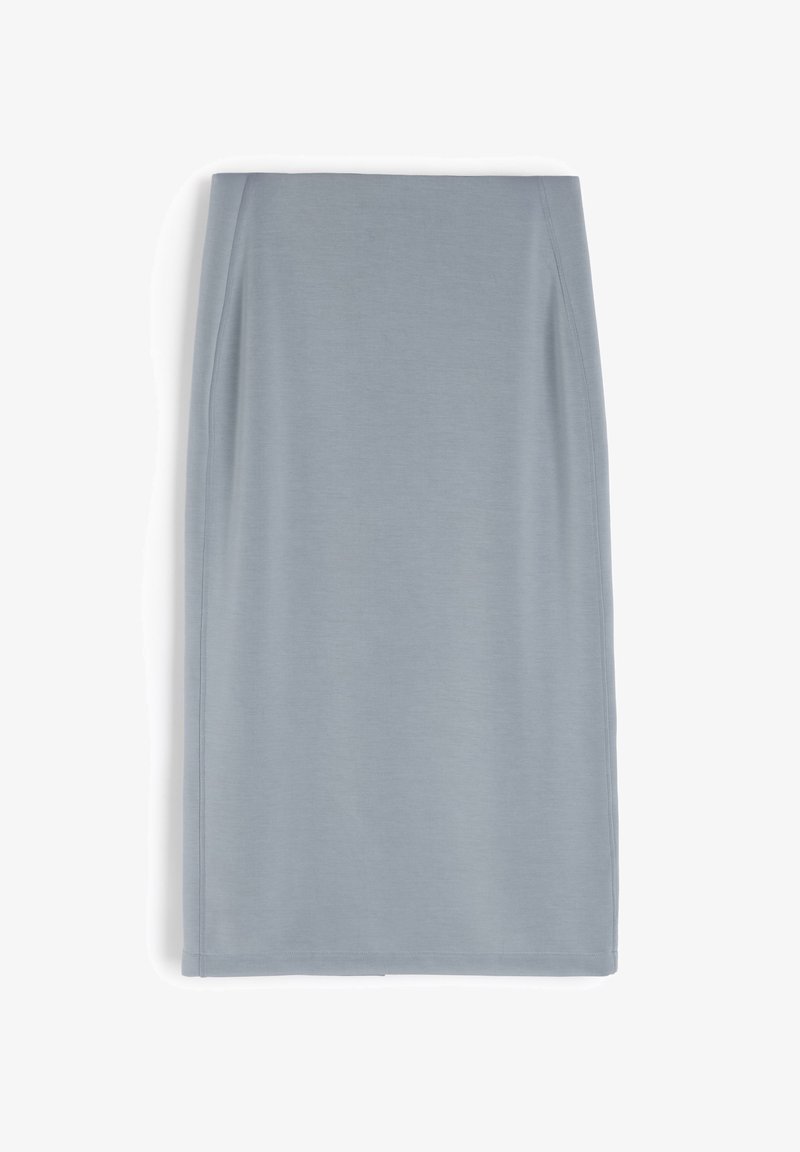 Jasnoniebieska spódnica ołówkowa, do kolan, wykonana z gładkiego materiału o dopasowanym kroju. Charakteryzuje się czystymi liniami i prostym wykończeniem.