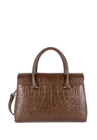 Borsa in pelle marrone con stampa coccodrillo, dotata di manici superiori doppi, tracolla rimovibile e chiusura con fermaglio piatto. Superficie strutturata con finitura lucida.