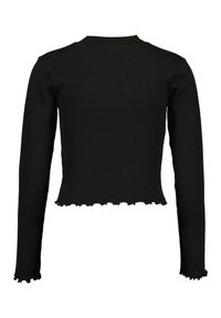Schwarzes, geripptes Langarmoberteil mit kurzer Passform, das über einen gewellten Saum und Ärmelbündchen verfügt. Glatte Textur, minimalistisches Design.