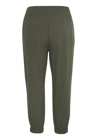 Olivenfarvede tapered bukser med elastisk talje og elastiske cuffs; lavet af blødt, let materiale med en subtil tekstur.
