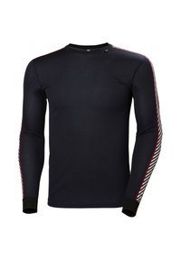 Lange mouwen marineblauw shirt van textuurstof, met contrasterende gestreepte accenten langs de mouwen en smalle manchetten.