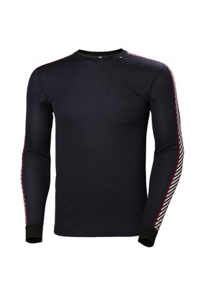 Lange mouwen marineblauw shirt van textuurstof, met contrasterende gestreepte accenten langs de mouwen en smalle manchetten.