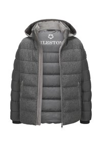Graue gepolsterte Jacke mit vorne aus Wollstoff strukturierten Paneelen, Reißverschluss und angenommener Kapuze, die offen gezeigt wird, um das Innenfutter und das Markenlogo zu enthüllen.