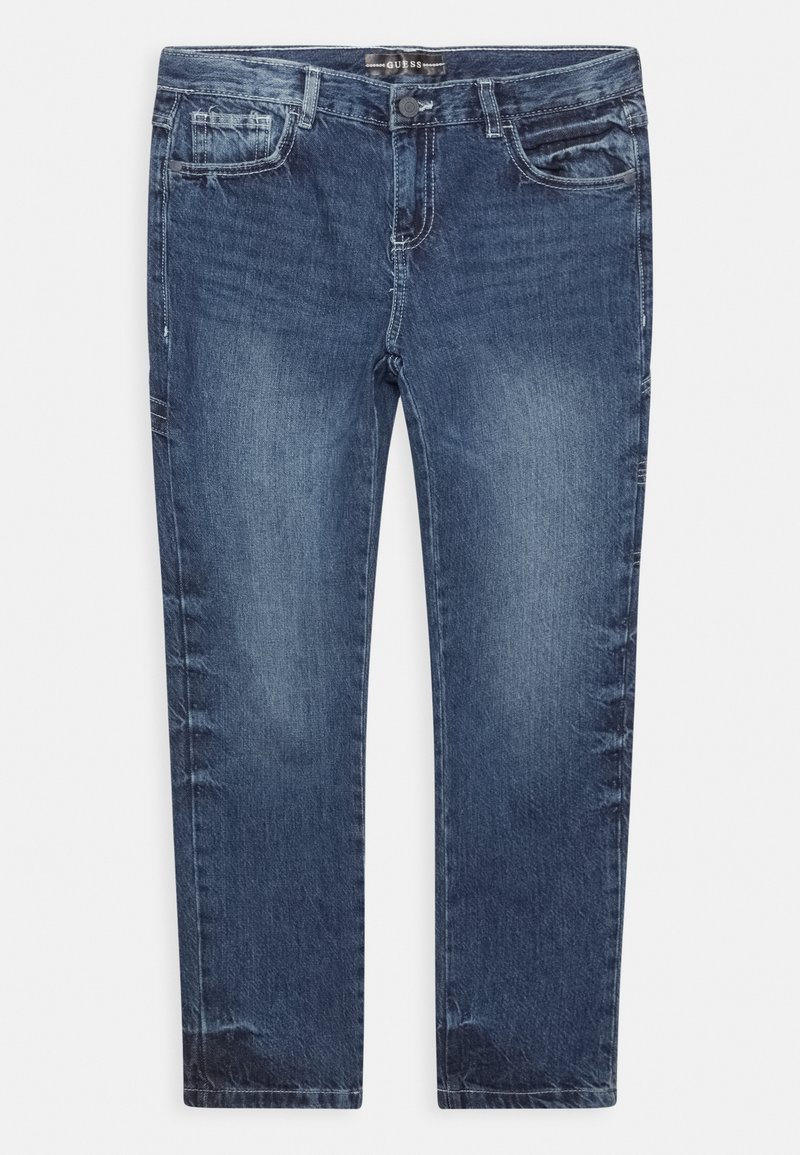 Mörkblå jeans i denim med rak passform, utrustade med dragkedja, fem fickor och en lätt blekt finish med subtila whiskering-detaljer.