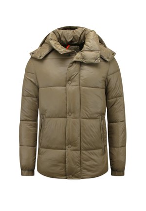 Gewatteerd olijfgroen winterjack met hoge kraag, drukknopen, ritszakken en lange mouwen.