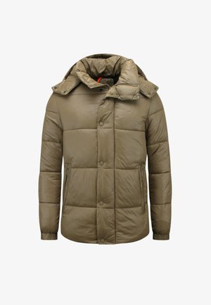 Gewatteerd olijfgroen winterjack met hoge kraag, drukknopen, ritszakken en lange mouwen.