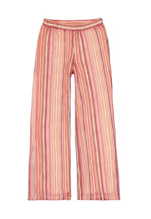 Pantalon large à rayures dans des tons de rose, orange et crème. Tissu doux et léger avec une taille élastique et un ourlet cousu.