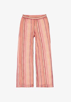 Pantalon large à rayures dans des tons de rose, orange et crème. Tissu doux et léger avec une taille élastique et un ourlet cousu.