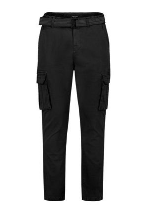 Black cargo pants with a fitted design, featuring two side pockets, a textured belt, and a smooth fabric finish.