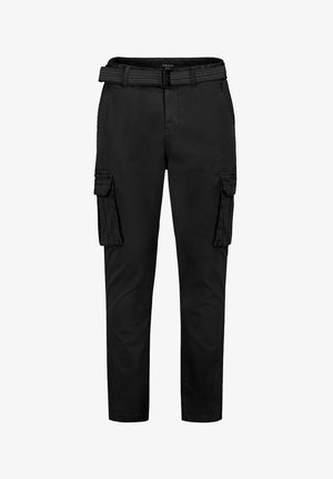 Black cargo pants with a fitted design, featuring two side pockets, a textured belt, and a smooth fabric finish.
