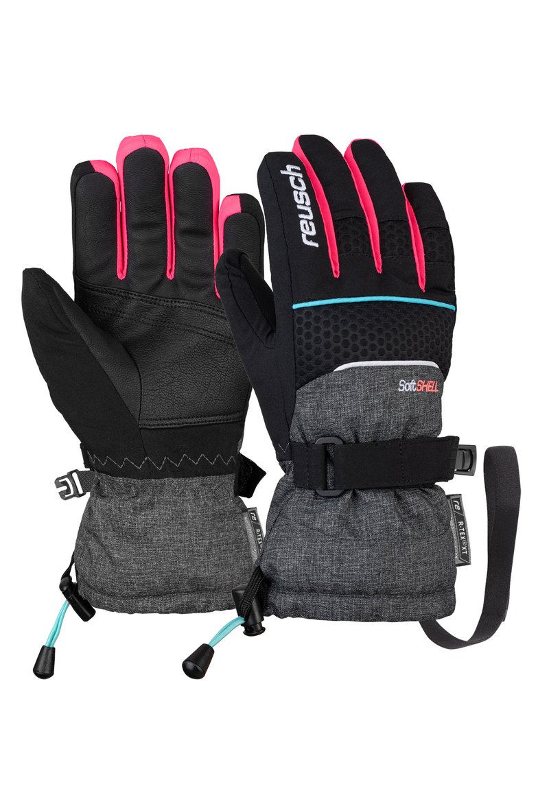 Guantes negros y grises con acentos en rosa, palma de cuero, tela softshell, muñequera ajustable y cierre con cordón para un ajuste seguro.