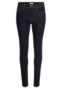 Donkerblauwe denim skinny jeans met oranje stiksels, vijf zakken, een sluiting met een knoop aan de voorkant en een lichte stretch voor comfort.