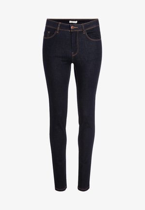 Dunkelblaue Denim-Skinny-Jeans mit orangefarbenen Nähten, fünf Taschen, einem Frontknopfverschluss und leichtem Stretch für Komfort.