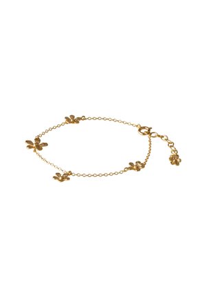 Guld kædearmbånd med fire små blomstvedhæng jævnt fordelt og en justerbar lås med et ekstra blomstvedhæng for enden.