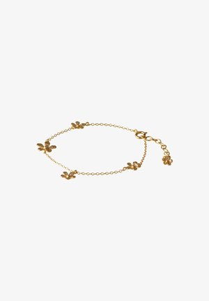 Zlatna narukvica s četiri mala cvjetna privjeska ravnomjerno raspoređena i podesivim kopčom s dodatnim cvjetnim privjeskom na kraju.
