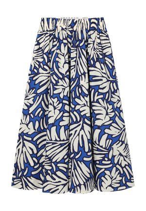 Blue and white A-line skirt with gathered elastic waistband and bold abstract leaf pattern throughout the fabric.