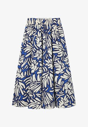 Kék-fehér A-vonalú szoknya, ráncolt gumis derékpánttal és merész, absztrakt levélmintával az egész anyagon.