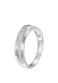 Silver ring with a smooth band, featuring a central row of small, clear gemstones and a polished finish on both sides.