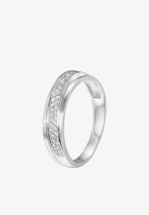 Silver ring with a smooth band, featuring a central row of small, clear gemstones and a polished finish on both sides.