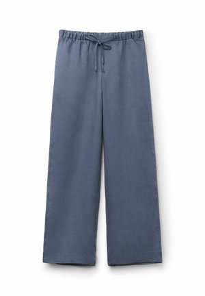 Locker sitzende, blau-graue Leinenhose mit elastischem Bund und Bindeband, weiten Beinen und einfachem Saum.