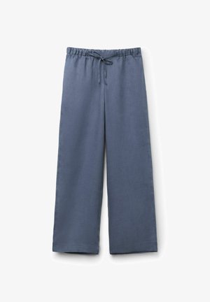 Locker sitzende, blau-graue Leinenhose mit elastischem Bund und Bindeband, weiten Beinen und einfachem Saum.