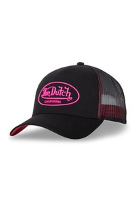 Casquette de camionneur noire avec dos en mesh, logo "Von Dutch California" rose à l'avant, et détail rose sous la visière.
