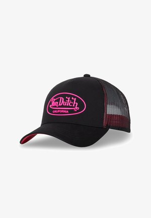 Casquette de camionneur noire avec dos en mesh, logo "Von Dutch California" rose à l'avant, et détail rose sous la visière.