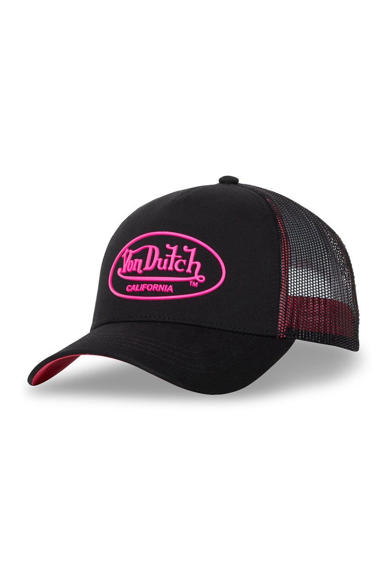 Casquette de camionneur noire avec dos en mesh, logo "Von Dutch California" rose à l'avant, et détail rose sous la visière.