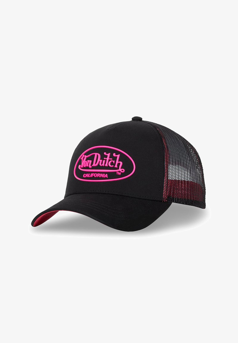 Casquette de camionneur noire avec dos en mesh, logo "Von Dutch California" rose à l'avant, et détail rose sous la visière.