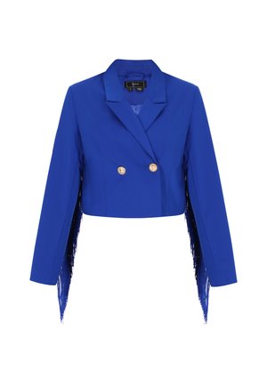 Giacca blu corta con bottoni d'oro doppi e lunghi dettagli frangiati sulle maniche. Tessuto morbido, design su misura.