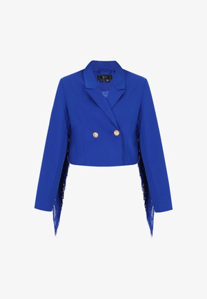 Giacca blu corta con bottoni d'oro doppi e lunghi dettagli frangiati sulle maniche. Tessuto morbido, design su misura.