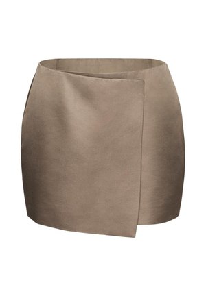 Hnedá mini sukňa typu zavinovacia s čistými líniami a hladkou textúrou látky, s vysokým pásom a asymetrickým predným panelom.