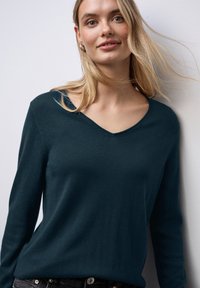 Maglione v-neck verde scuro con maniche lunghe, realizzato in un materiale morbido; presenta una texture liscia e un design semplice.