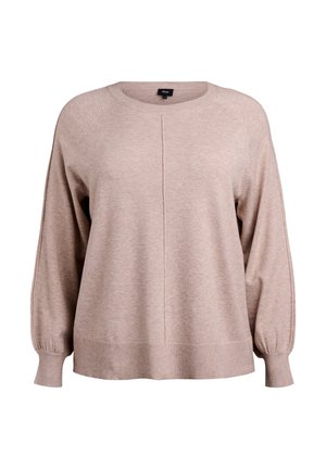 Light beige sweater made of soft knit fabric, featuring a round neckline, dropped shoulders, and ribbed cuffs with a relaxed fit design.