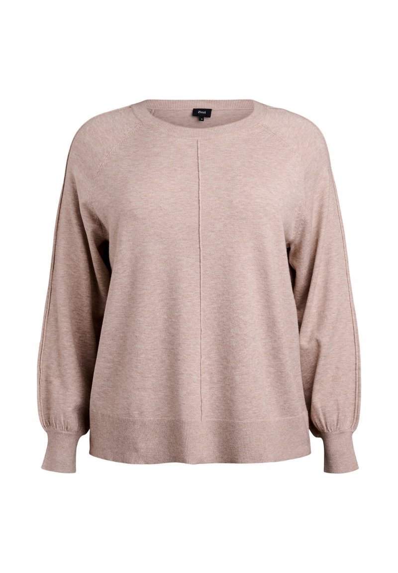 Light beige sweater made of soft knit fabric, featuring a round neckline, dropped shoulders, and ribbed cuffs with a relaxed fit design.