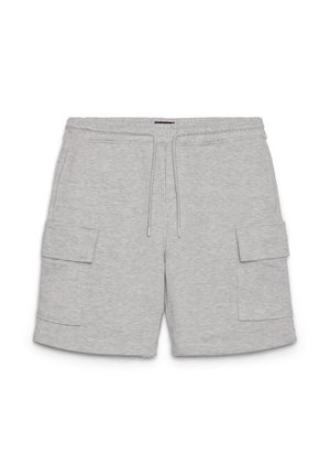 Shorts cargo grigi in cotone con vita elastica, coulisse e due tasche laterali. Tessuto morbido e design alla lunghezza del ginocchio.