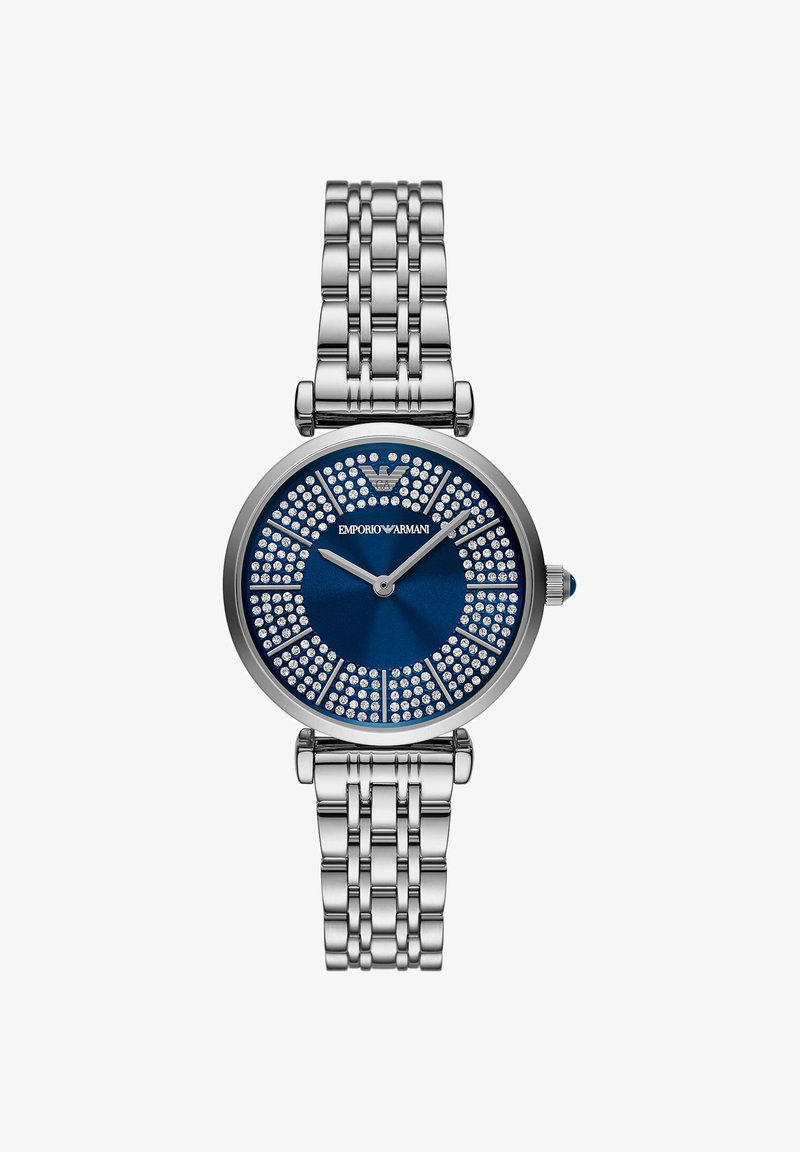 Zilverkleurig metalen schakelarmbandhorloge met blauwe wijzerplaat, kristallen versieringen rond de markers en zilverkleurige wijzers die 10:10 aangeven.