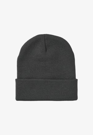 Cappello beanie grigio lavorato a maglia con risvolto, caratterizzato da una texture a coste e una vestibilità aderente. Design semplice e versatile, adatto a diverse occasioni.