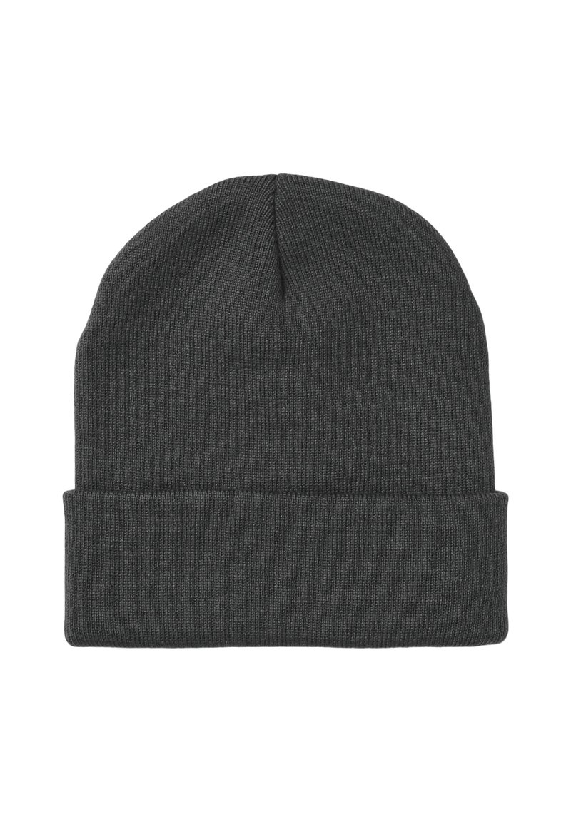 Szary dzianinowy beanie z podwiniętym brzegiem, o prążkowanej fakturze i dopasowanym kroju. Prosty, uniwersalny design odpowiedni na różne okazje.