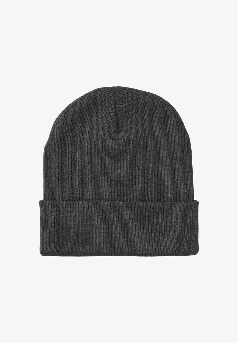 Szary dzianinowy beanie z podwiniętym brzegiem, o prążkowanej fakturze i dopasowanym kroju. Prosty, uniwersalny design odpowiedni na różne okazje.