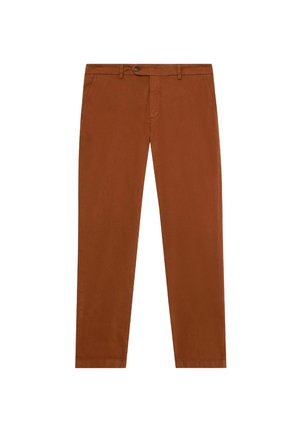 Braune Chinos aus Baumwolle mit geradem Bein, einem Reißverschluss vorne und einem einzelnen Knopfverschluss. Glatte Textur, keine sichtbaren Muster.