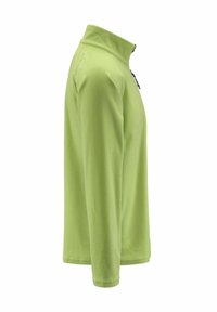 Pullover in pile verde chiaro con colletto alto, maniche lunghe e tasca orizzontale con zip sul petto. Tessuto morbido, design aderente.