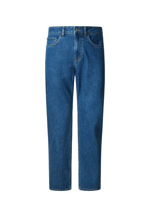 Jeans de denim azul con un diseño de pierna recta, cinco bolsillos, cierre de botón y detalles de costura sutiles a lo largo de las costuras.