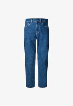 Blue denim jeans with a straight leg design, five pockets, a button closure, and subtle stitching details along the seams.